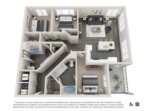 Floor plan for 3 beds, 2 baths, 1334 sqft